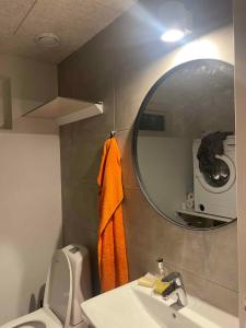 a bathroom with a sink and a mirror and a toilet at Holiday Home In 1St Row By The Limfjord in Thyholm +32 photos