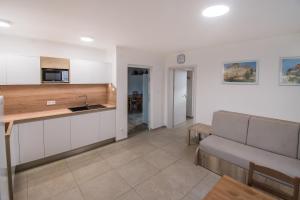 a kitchen and living room with a couch and a microwave at penzion U Hrnčíře in Hnanice