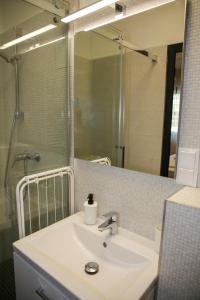 une salle de bain avec un lavabo et un grand miroir dans l'établissement AKZ Apartman, à Makó