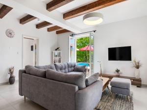 a living room with a couch and a tv at Holiday Home in Buzet with Terrace in Buzet