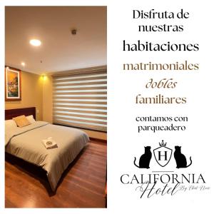 a poster of a bedroom with a bed and two cats at Hotel California by Chat Noir in Cuenca
