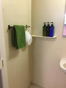 La salle de bains est pourvue d'une serviette verte et d'un lavabo. dans l'établissement Utopia Wakamiya No.105 / Vacation STAY 5161, à Fukuoka