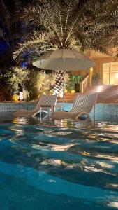 two chairs and an umbrella next to a swimming pool at Farm Lebanon in Abu Dhabi