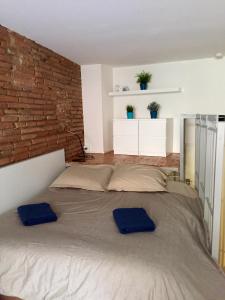 トゥールーズにあるLe petit Moulin, duplex hypercentre Toulouseのベッドルーム1室(大型ベッド1台、青い枕2つ付)