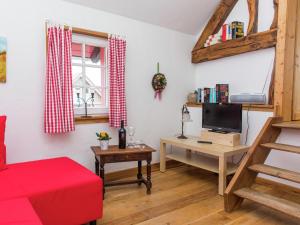 Una sala de estar con un sofá rojo y un televisor. en Monschau Nature Nook Apartment, en Schleiden