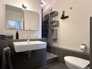 a bathroom with a sink and a toilet and a mirror at Rodehuus Wohnung 5 in Borkum