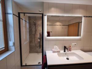 a bathroom with a sink and a shower and a mirror at Alpine Hideaway in Arzl im Pitztal +24 photos