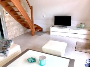a living room with a tv and a couch at Finnhuette-Seeblick-an-der-Elbe in Lenzen