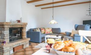 a living room with a couch and a fireplace at Elbwiesenhaus-an-der-Elbe in Lenzerwische