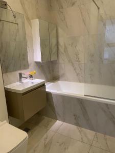 a bathroom with a sink and a tub and a toilet at House Garden in Bucharest +13 photos