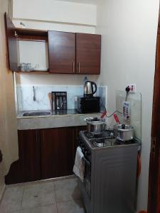 cocina con 2 ollas y fogones horno superior en 1 bedroom Homabay, en Homa Bay