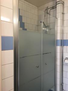 a shower with a glass door in a bathroom at Hotel Wictoria in Mariestad