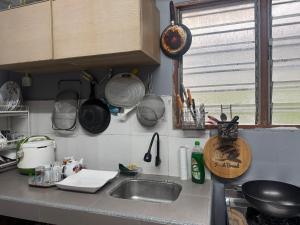テメルローにあるHomestay Mrのシンクと窓のあるキッチンカウンター
