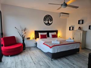 努美阿VUE SUR MER的一间卧室,有一张床和一把红椅子