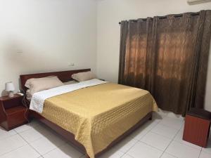 a bedroom with a bed with a yellow blanket and curtains at Christie's Apartment in Accra