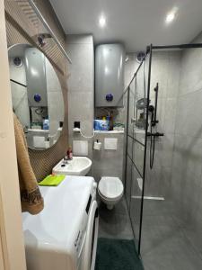 a bathroom with a sink and a toilet and a mirror at Apartament Vikicentrum in Bolesławiec +10 photos