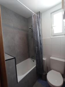 Un baño con bañera, inodoro y ducha. en Cozy and centrally located studio apartment, en Bruselas