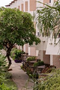 un jardín con árboles y bancos frente a un edificio en Hotel Tropicana Pattaya, en Pattaya central
