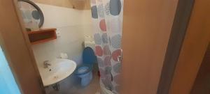 a bathroom with a blue toilet and a sink at Marijana - One bedroom with balcony in Babino Polje