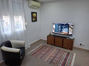 a living room with a tv and a chair and a rug at Appartement alger sidiyahya in El Biar