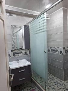 a bathroom with a glass shower and a sink at Appartement alger sidiyahya in El Biar +4 photos