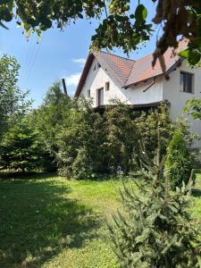 a white house with a red roof at Casa Berbec in Dealul Viei