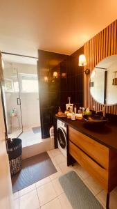 een badkamer met wastafel en wasmachine bij Colmar centre-Charmant appartement Marché de Noël-Ascenseur, Wifi & Parking privé en sous-sol in Colmar