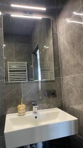a bathroom with a white sink and a mirror at Дворівневий апартамент з кухнею N6 in Chernivtsi