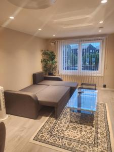 a living room with a couch and a table at Slattum terrasse in Skytta