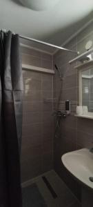 a bathroom with a shower with a sink and a mirror at Apartmani Kaja in Vantačići