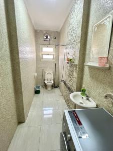 a small bathroom with a toilet and a sink at Rose Room in Cairo