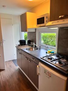 a kitchen with a sink and a stove and a window at Chalet de Elina - comfortable chalet for a relaxing stay in Voorthuizen