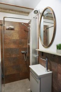bagno con doccia e specchio di ATTIC Apartment in Old Town Heart Kurpiai a Klaipėda