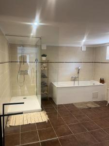 a bathroom with a shower and a bath tub at Maison cosy - salle de jeux, cinéma et jacuzzi in Ittenheim