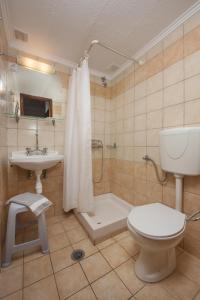 uma casa de banho com um WC, um lavatório e um chuveiro em Skevoulis Studios em Benitses