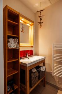 ein Badezimmer mit Waschbecken, Spiegel und Handtüchern in der Unterkunft Charming House In An Organic Wine Estate in Frontignan