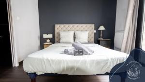 a bedroom with a large bed with a white comforter at La terrasse, proche des places 2 chambres in Arras
