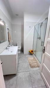 a bathroom with a sink and a shower and a toilet at airport room in Lisbon