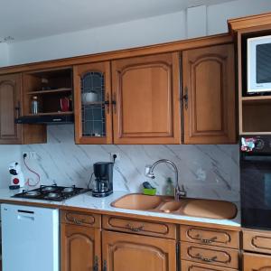 una cucina con mobili in legno e un lavello di Comme a la maison a Saint-Julien-les-Villas Altre 11 foto