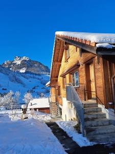 a log cabin in the snow with a staircase at Ferien Im Gugger Wohnung Stockberg in Nesslau