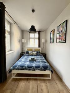 een slaapkamer met een bed met een blauw dekbed bij Central Apartment in Bydgoszcz