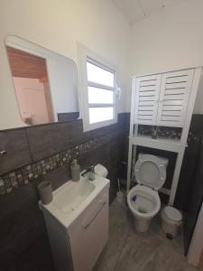 a bathroom with a toilet and a sink and a mirror at Gîte les Portes du Taïbit dîner et petit déjeuner compris in Cilaos