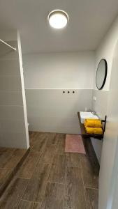 a bathroom with a sink and a mirror at Stodola Lesůňky in Lesŭňky