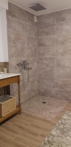 a bathroom with a shower with a stone wall at A&S Vidugiris in Jurbarkas