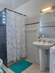 a bathroom with a shower curtain and a sink at Maison du plateau - Horizon Caraïbes in Vieux-Habitants