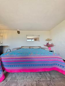 a bedroom with a large bed with a colorful blanket at Casa Leyian - Brissago in Brissago