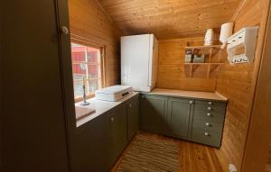 a small kitchen with a refrigerator and a window at Holmsjøhytta in Sjørbotn