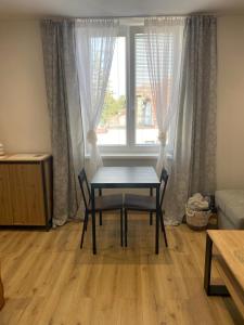 a table and chairs in a room with a window at ZnojmoApartment in Znojmo