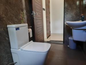 um banheiro com vaso sanitário e pia em Turtle Point Homestay Seaview 2 - BB, Fast Wi-Fi, AC em Dikwella