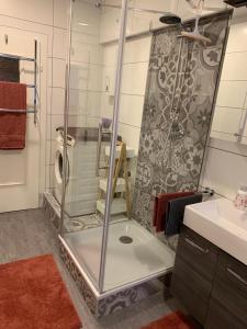 a shower with a glass door in a bathroom at Ferienhaus Brigitte in Schönecken